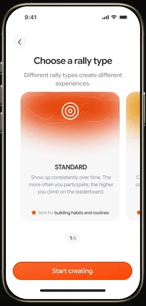 The original gold iPhone showing Rally's rally type selection screen