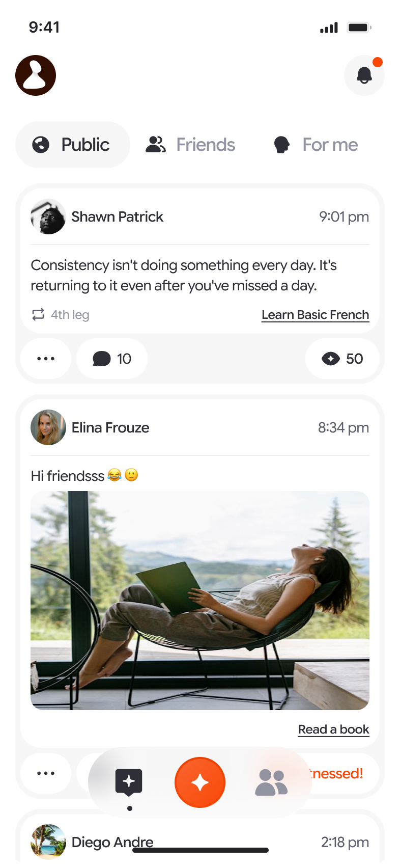Rally's community feed with check-ins from friends