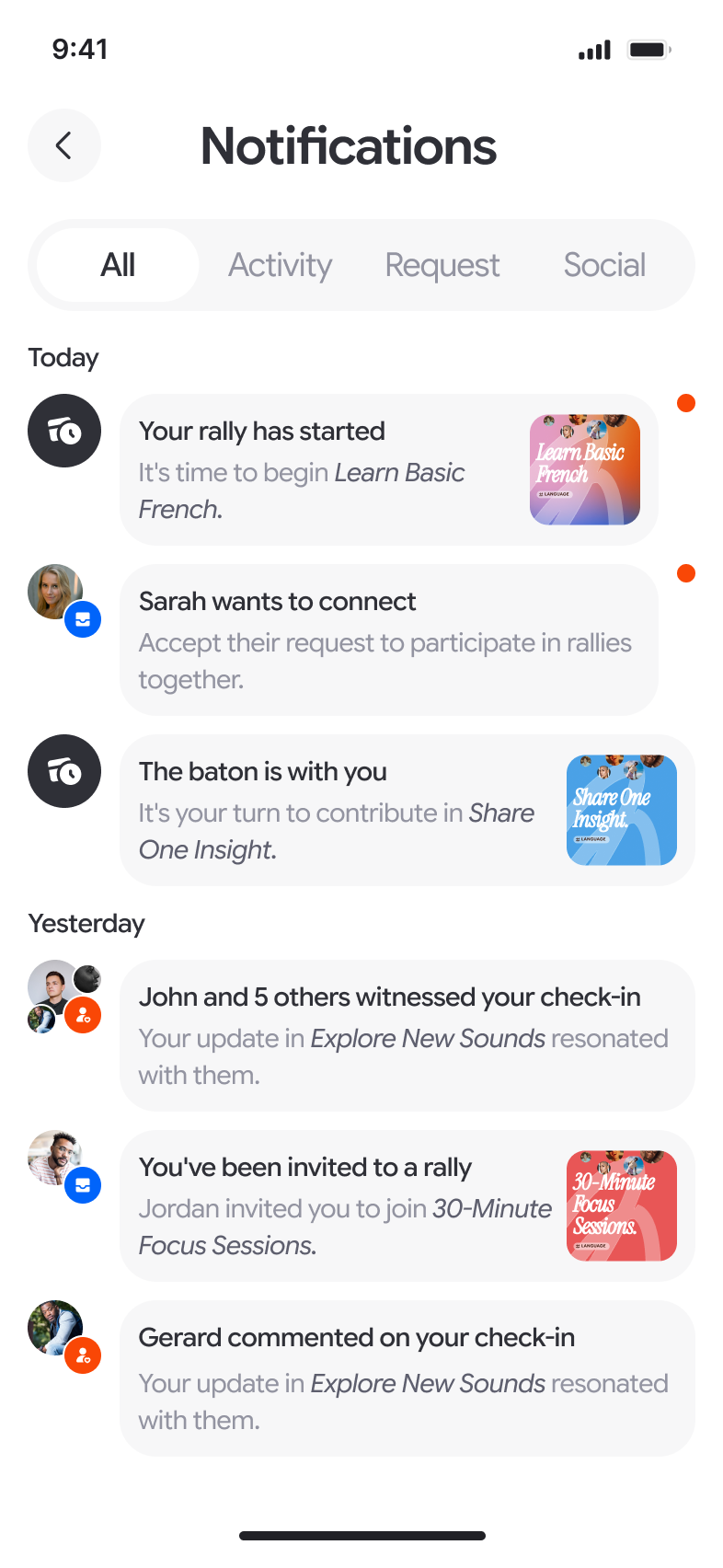 Rally notifications showing encouragement and invitations