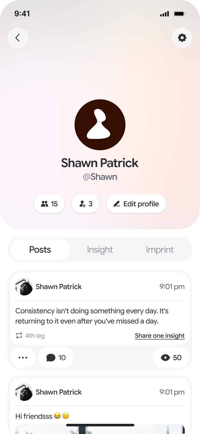 A Rally profile with posts, insights, and imprints